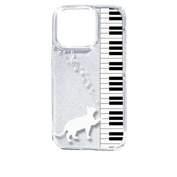 iPhone14 Pro アイフォン14プロ クリア ハードケース ピアノと白猫 ネコ 音符 ミュー...