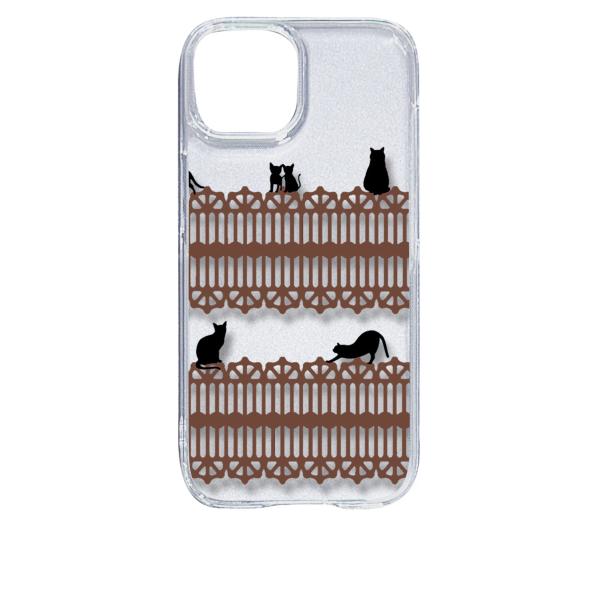 iPhone15 アイフォン15 クリア ハードケース 猫 ねこ ネコ おさんぽ 黒猫ブラウンレース...