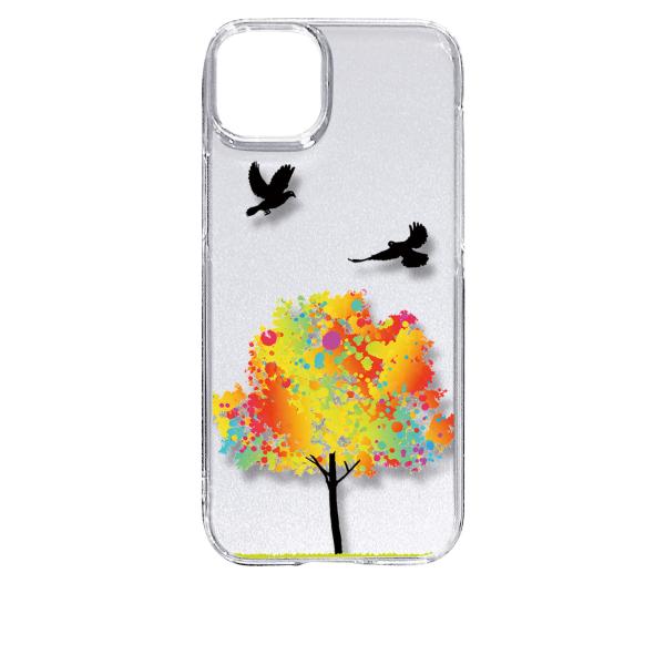 iPhone15 Plus アイフォン15プラス クリア ハードケース 鳥 バード レインボー ツリ...