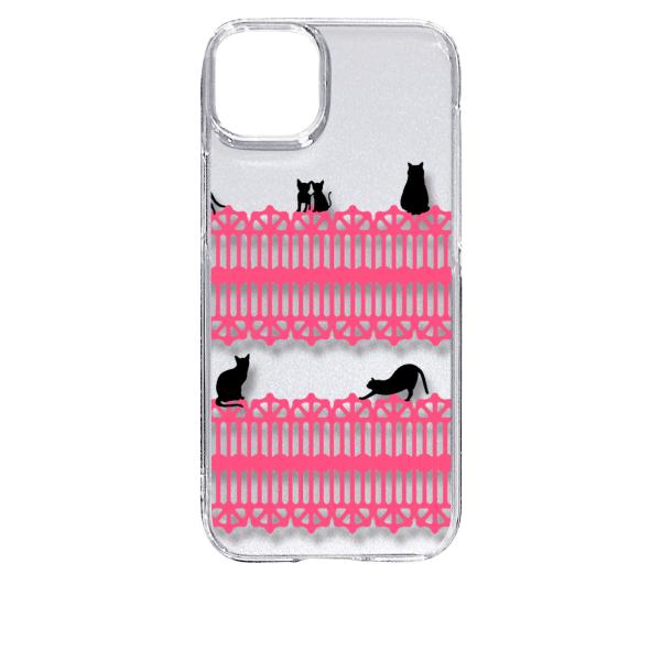 iPhone15 Plus アイフォン15プラス クリア ハードケース 猫 ねこ ネコ おさんぽ 黒...