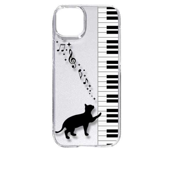 iPhone15 Plus アイフォン15プラス クリア ハードケース ピアノと黒猫 ネコ 音符 ミ...