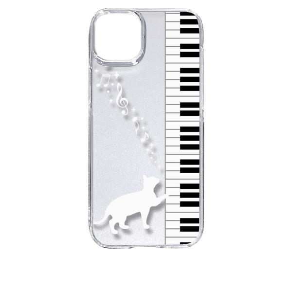 iPhone15 Plus アイフォン15プラス クリア ハードケース ピアノと白猫 ネコ 音符 ミ...