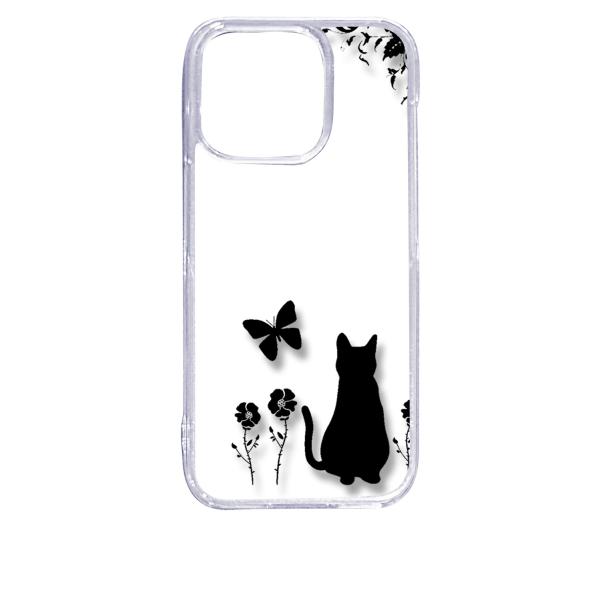 iPhone15 Pro アイフォン15プロ クリア ハードケース 猫 ネコ 花柄 a026 ブラッ...
