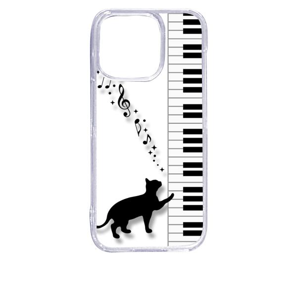 iPhone15 Pro アイフォン15プロ クリア ハードケース ピアノと黒猫 ネコ 音符 ミュー...