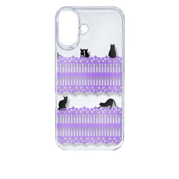 iPhone16 アイフォン16 クリア ハードケース 猫 ねこ ネコ おさんぽ 黒猫パープルレース...