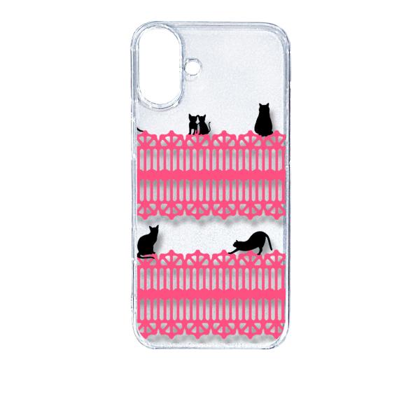 iPhone16 Plus アイフォン16プラス クリア ハードケース 猫 ねこ ネコ おさんぽ 黒...