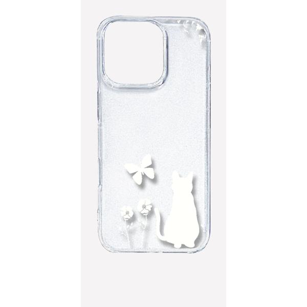 iPhone16 Pro アイフォン16プロ クリア ハードケース 猫 ネコ 花柄 a026 ホワイ...