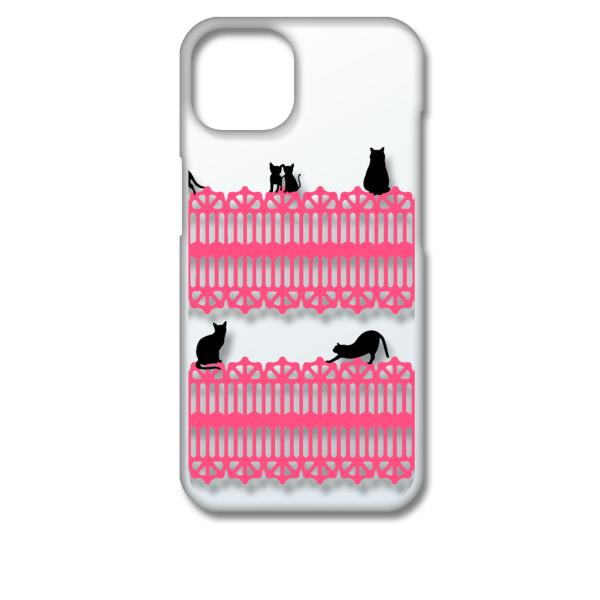 iPhone13 アイフォン13 クリア ハードケース 猫 ねこ ネコ おさんぽ 黒猫ピンクレース ...
