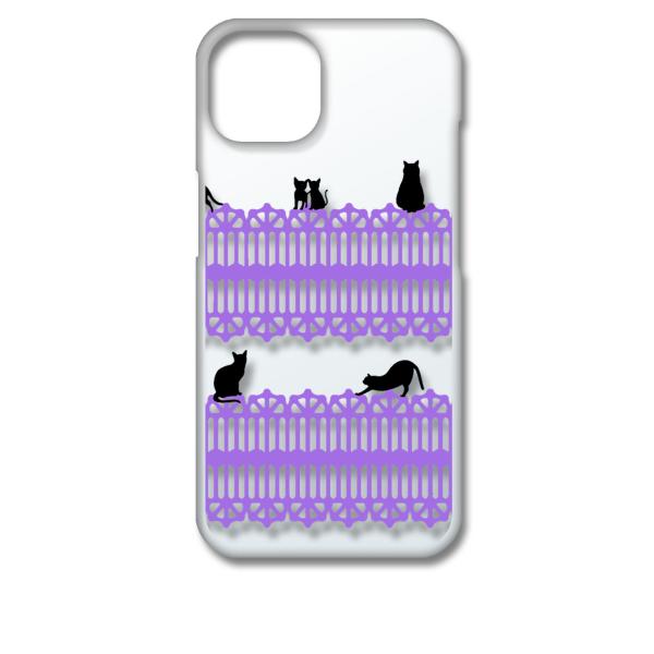 iPhone13 アイフォン13 クリア ハードケース 猫 ねこ ネコ おさんぽ 黒猫パープルレース...
