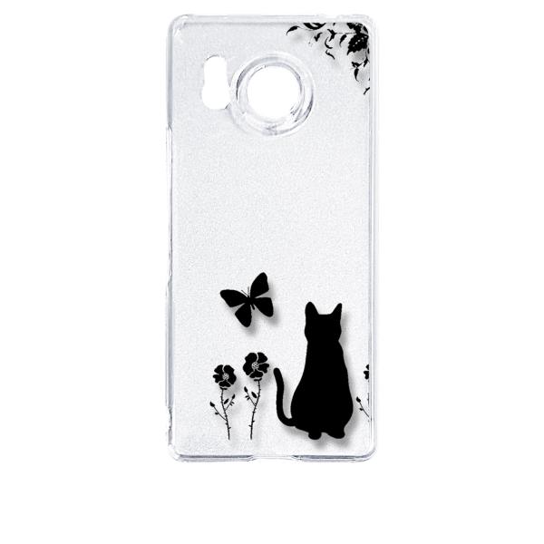 AQUOS R8 SH-52D アクオス クリア ハードケース 猫 ネコ 花柄 a026 ブラック ...