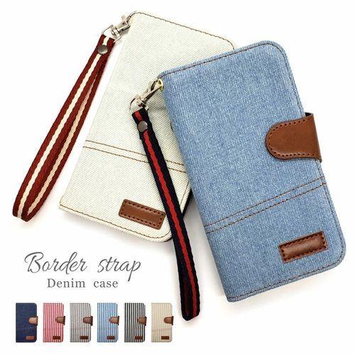 OPPO A55s 5G オッポ 手帳型 デニム ボーダー ストラップ 付き おしゃれ かわいい ス...