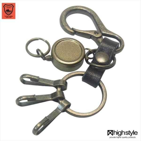 栃木レザー＆カラビナ＆シングルリールキー アンティークカラー キーホルダー