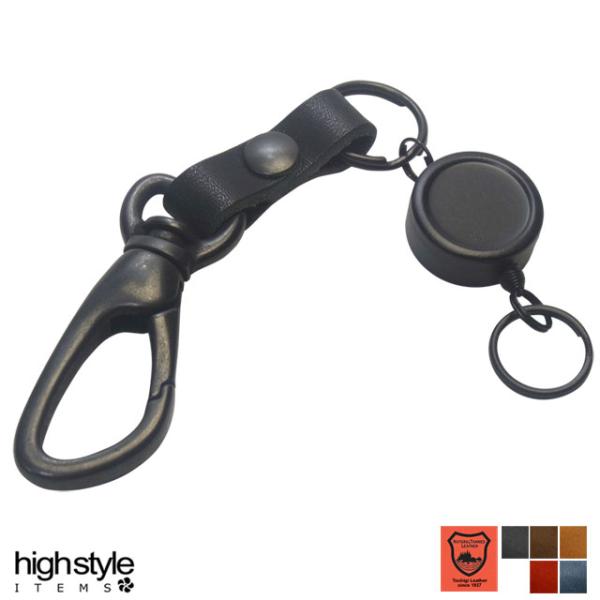 キーホルダー 日本製 栃木レザー＆カラビナ＆シングルリールキー アンティークブラックカラー キーホル...
