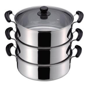 パール金属 蒸し器 30cm 3段 ステンレス製 目皿付 IH対応 ガラス蓋付