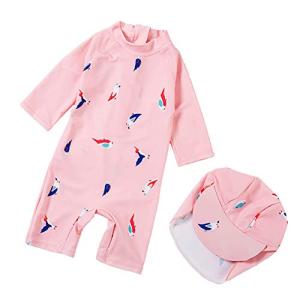 Ymgot ベビー 水着 女の子 ラッシュガード 鳥柄 キッズ 水着 キャップ付き 2点セット スイムウェア スイミング