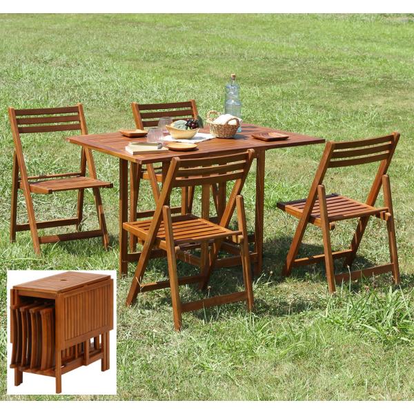 アカシア ガーデン 天然木製 ダイニング5点セット 折りたたみ式 バタフライテーブルSET コンパク...