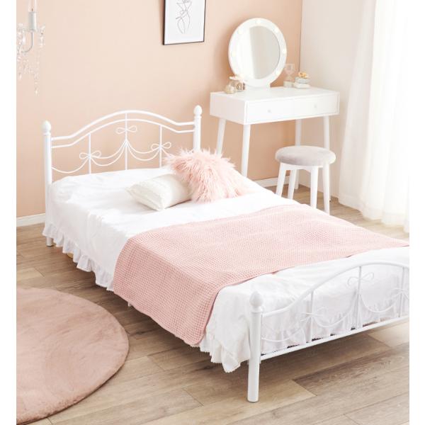 シングルベッド bed ガーリー 女の子 お姫様 プリンセス リボン 白 ホワイト スチール メッシ...