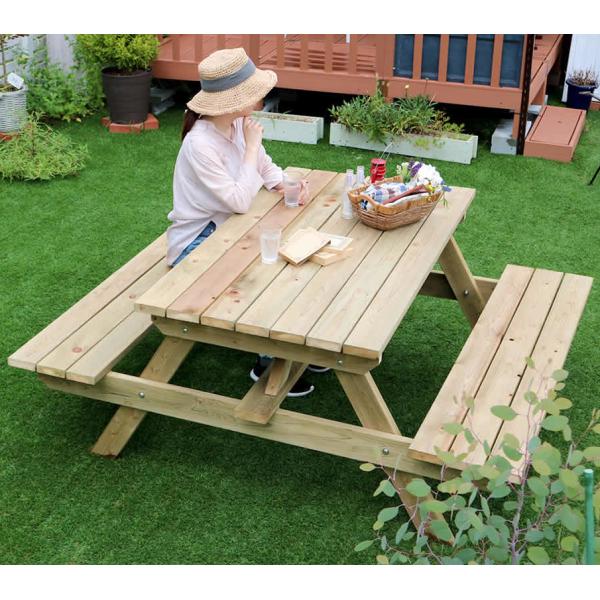 ガーデンテーブル チェアー テラス マルシェ テーブル ベンチ 椅子 一体型 平台 商品陳列台 無塗...