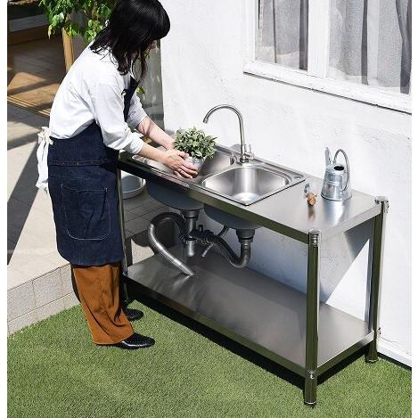 2槽式 大型 シンク ガーデンシンク 流し台 ステンレス製 スワン蛇口付き お庭 ガーデン キャンプ...