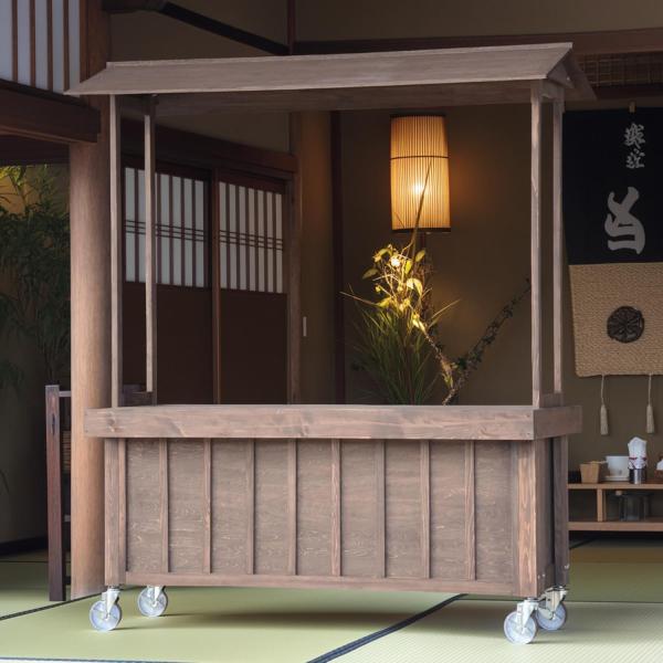 マルシェ ワゴン ビュッフェ 屋台 販売台 板屋根付き 木製 kkkez キャスター付き 和風 テイ...