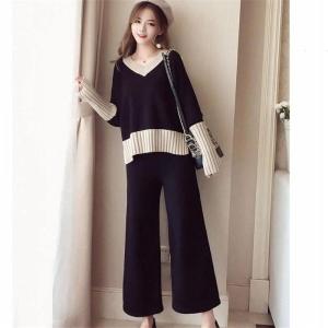 ニットセットアップ レディース 秋冬 新作 ニット 卒業式 服 母 セーター 上下セット セットアップ 長袖 vネック ワイドパンツ 部屋着 カジュアル ゆったり