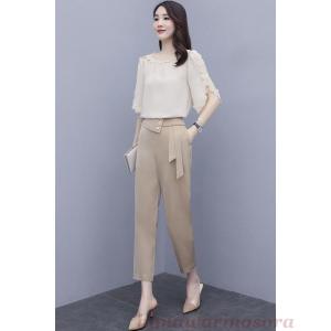 セットアップ レディース 夏 カジュアル 40代 30代 韓国風 上下セット シャツ 半袖 シフォン 七分丈パンツ きれいめ 大きいサイズ おしゃれ 着痩せ 通勤 OL 新品