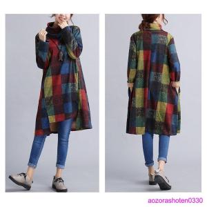 ハイネックグレンチェックワンピース チュニック 秋冬 長袖 秋 チェック 40代50代 大きいサイズ アレア レディース