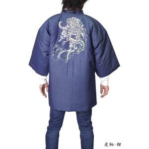 【ひめか】はんてん デニム 刺繍 メンズ 綿入り半纏 バック刺繍 M-L どてら 暖かい ハンテン 半纏 半てん 半天 防寒 男性 冬　虎柄-紺