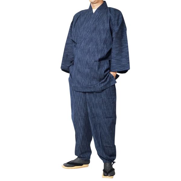 【ひめか】　作務衣 メンズ 日本製 久留米絣織作務衣  縞柄3771　紺Ｌ
