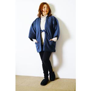 【ひめか】 はんてん レディース スラブニッ ト 綿入り 半纏 ハンテン 半天 どてら 丹前 即暖 ストレッチ 部 屋着 ルームウエア 半纏 紺 L