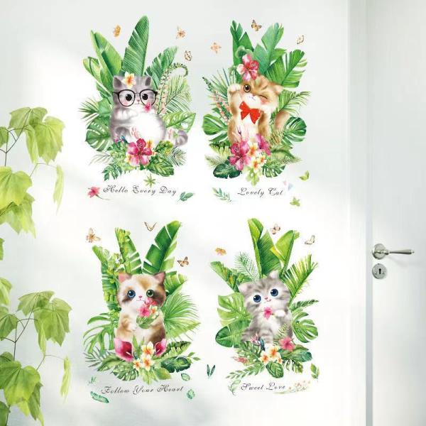 送料込み　ウォールステッカー　猫ちゃん　植物　４枚セット　壁飾り　壁紙　壁シール　壁絵　インテリアシ...
