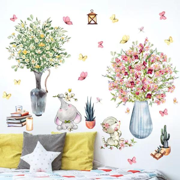 剥がせる　ウォールステッカー　ゾウ　猫ちゃん　花瓶　壁シート　壁紙　リフォーム　寝室　DIY　リビン...