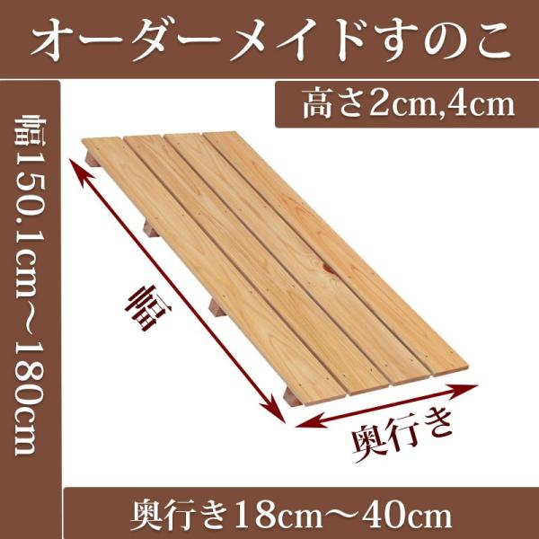 すのこ オーダーメイド 幅150.1〜180cm×奥行18〜40cm×高さ2cm,4cm 国産ひのき...