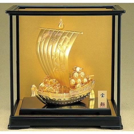 宝船の置物　純金メッキ　ガラスケース付　高岡銅器の置物／送料無料