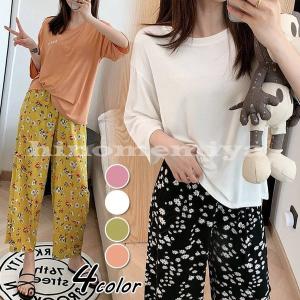 パジャマルームウェアレディース春夏半袖パジャマ花柄モーダル綿ルームウェア薄手大きいサイズ部屋着上下セット可愛いパジャマ女性寝巻き4色