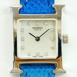 HERMES エルメス Hウォッチ シェル文字盤 レディース 革ベルト 750WG ダイヤ12P HH1.190.284 時計 Aランク  中古 YA0103｜hirayama78ten