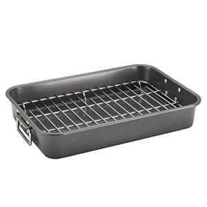 Farberware 焦げ付き防止 耐熱皿 11-Inch x 15-Inch Roaster with Flat Rack, グレー by Farb