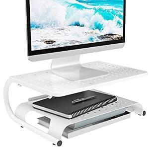 WALI モニタースタンドライザー デスクオーガナイザー 2段収納棚付き 通気口付きメタルデザイン ノートパソコン/コンピューターモニター/プリンター