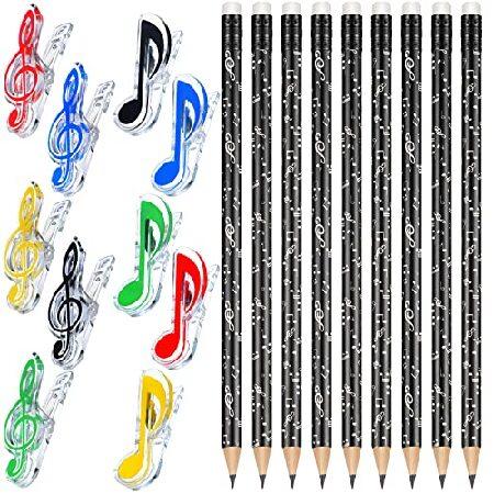 音楽鉛筆と音楽ブックのページホルダー30本セット、木製ケース音符鉛筆20本 丸形白黒鉛筆 消しゴム付...