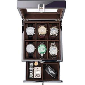 ProCase 腕時計ケース 木製 2段式 腕時計 メガネ 男性 アクセサリー ピアノ塗装 収納ボックス ガラス蓋 ディスプレイケース 小物整理 プレゼント（ブラック）｜hiro-s-shop