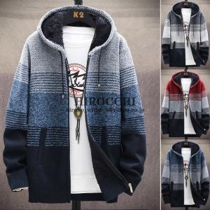 ニットセーター カーディガン メンズ パーカー 防寒ジャケット 羽織り 厚手 裏起毛 フード付き アウター 春 暖かい