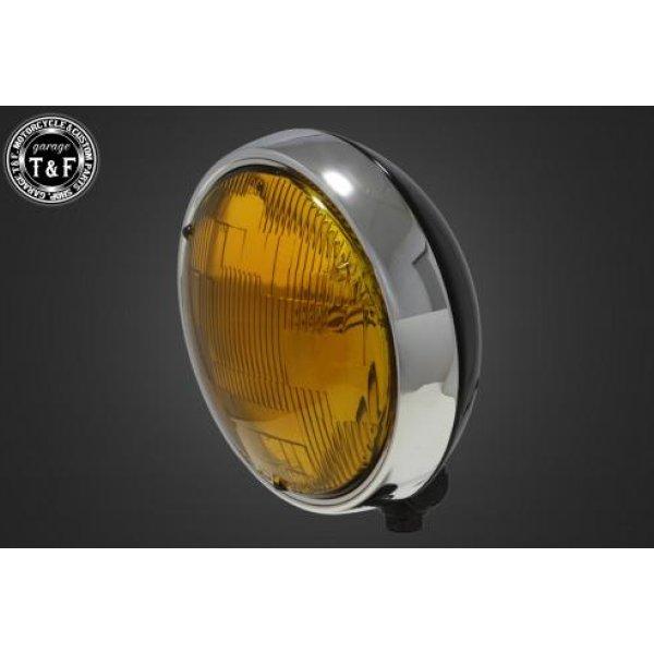4022547 ガレージT&amp;F 5.75in プレートヘッドライト(メッキ/ブラック)イエローレンズ...