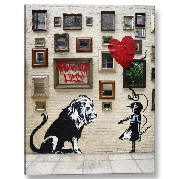 インテリア ポスター バンクシー スタイル ストリート落書き 女の子は彼女の手で赤い風船とライオンを...
