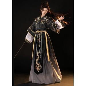 「龍」プリント 交差襟 漢服3点セット 黄色縁取り メンズ 男女兼用 大人 三国 「晋」風 漢服 チ...