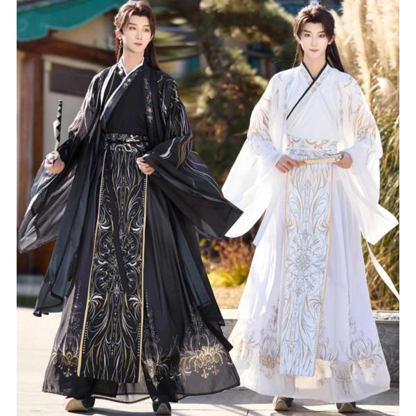 メンズ 漢服 黒 白 広袖羽織カバー付き 3点セット 大人 男性 おしゃれ 暗黒 クール 中華ファン...