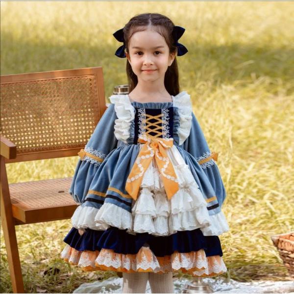 子供長袖ロリータ服 プリンセスドレス フレア 子どもワンピース lolita パニエ付き ロリータワ...