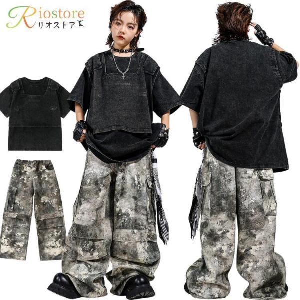 キッズ ダンス 衣装 セットアップ 男の子 女の子 ヴィンテージ風 ヒップホップ Tシャツ カーゴパ...