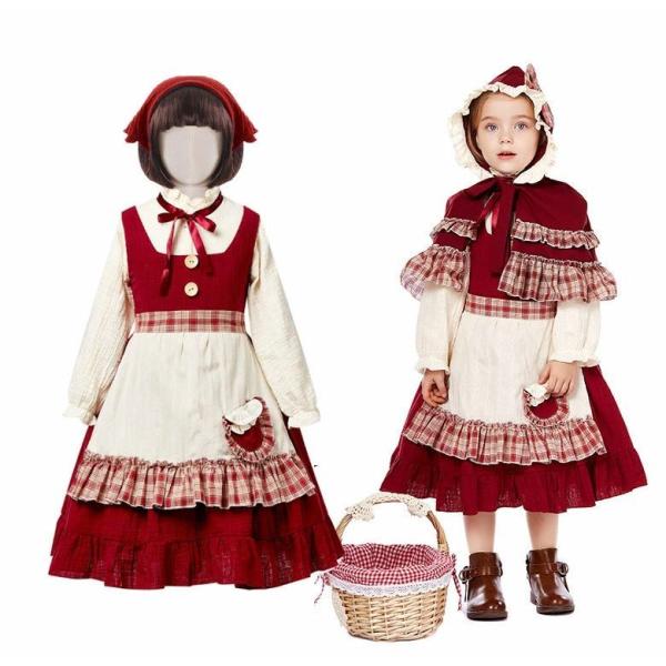 子供 コスプレ ワンピース 赤ずきん コスプレ衣装 赤 女の子 ハイネック 長袖シャツ ミモレ丈 ロ...