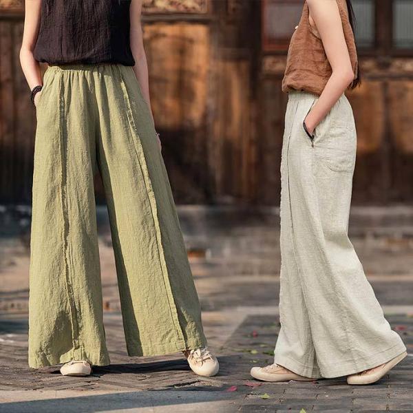 レディースパンツ ガウチョパンツ ラミー素材 サルエル ロング ワイド パンツ 麻 ロングパンツ リ...