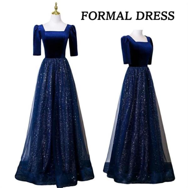 グリッター ドレス ドレス 大人 ピアノ 発表会 高校生 ロング スクエアネック ネイビー 紺 ロン...